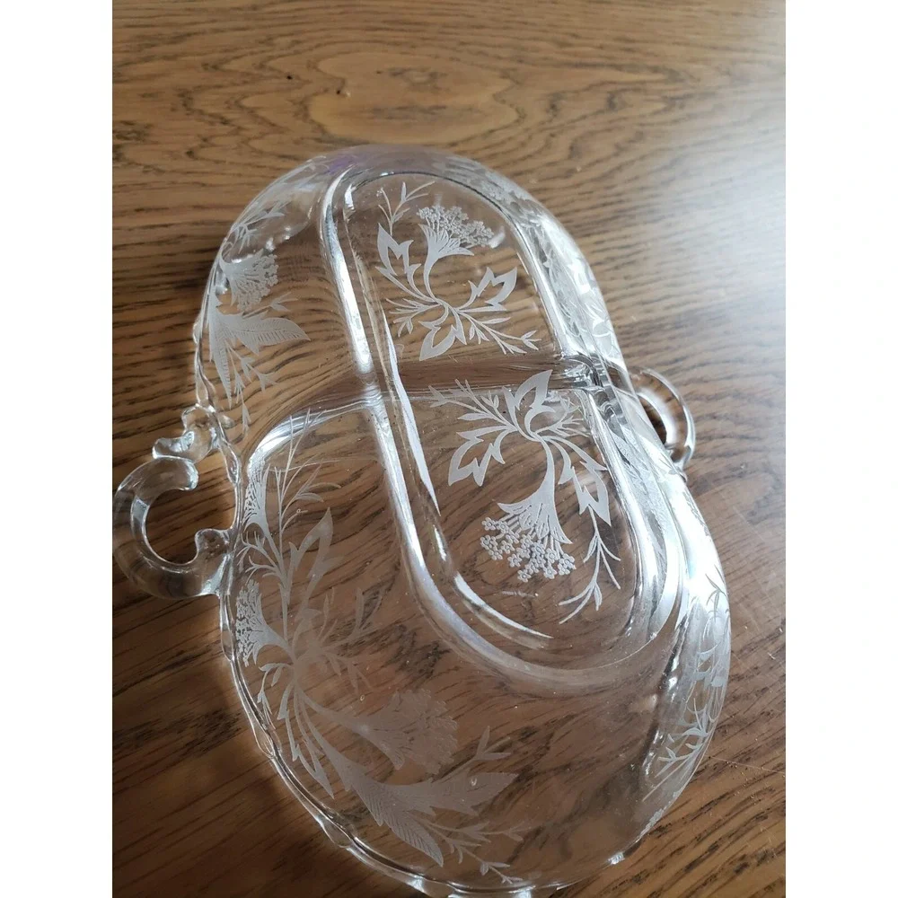 Fostoria Century Heather Etched 2 Part Divided Relish Dish Side Handled 7.5